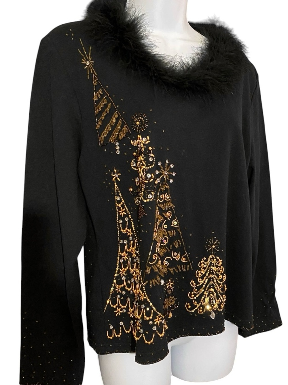 Jack B Quick Black Christmas Top L Beaded Sequin Faux Fur Holiday Trees - Picture 3 of 8